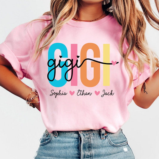 Personalized Gigi Shirt with Grandkids Names, Colorful GIGI Graphic Tee, Custom Grandma T Shirt, Family Gift for Gigi from Grandchildren