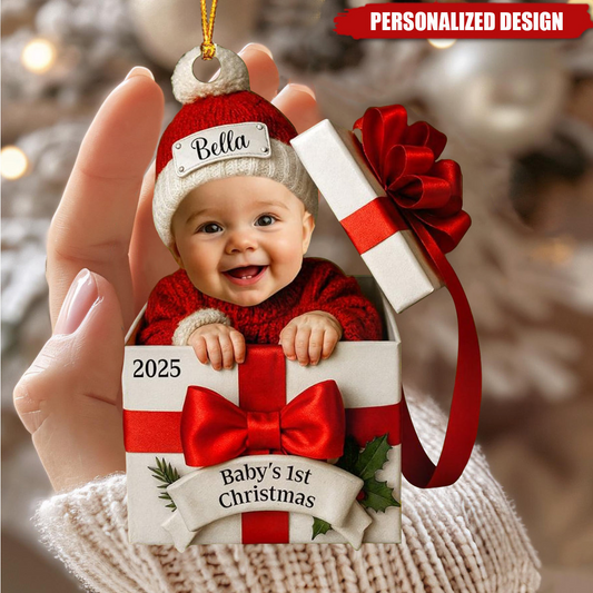 Personalized Baby Photo Christmas Gift Box Ornament – Custom Holiday Keepsake for Newborns & Families