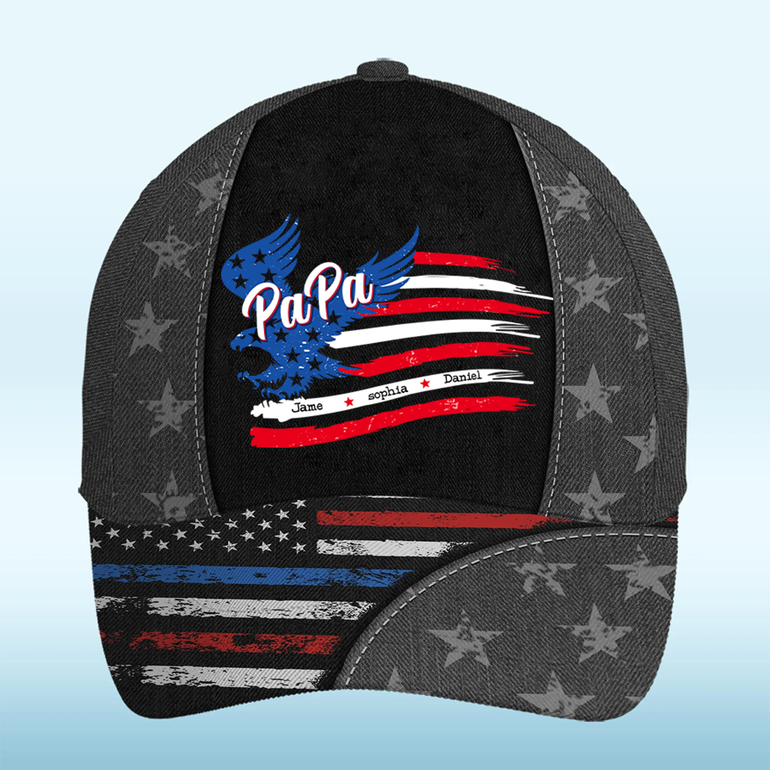 Papa with Grandkids Names 4th Of July Gift 3D Cap