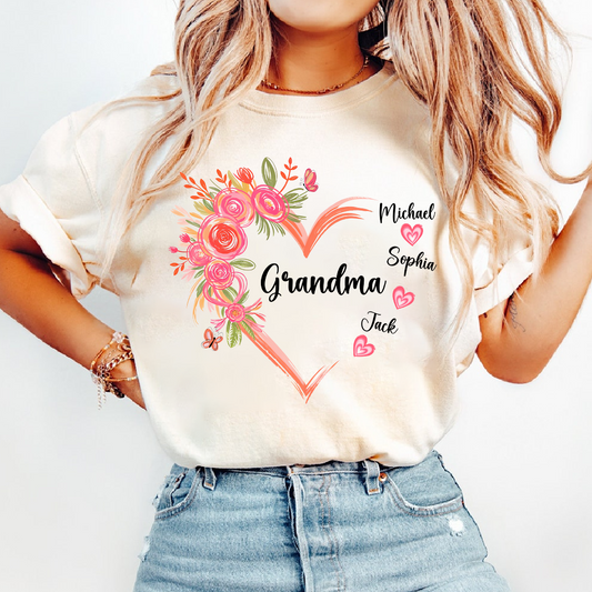 Personalized Grandma Floral Heart Shirt with Grandkids Names, Family Love T Shirt Gift