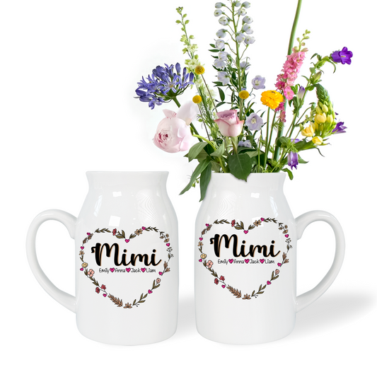 Heart Mimi Wildflowers And Kids - Custom Home Decoration Flower Vase According To Family Requirements - Warm Gift For Mother's Day, Ceramic Flower Vase