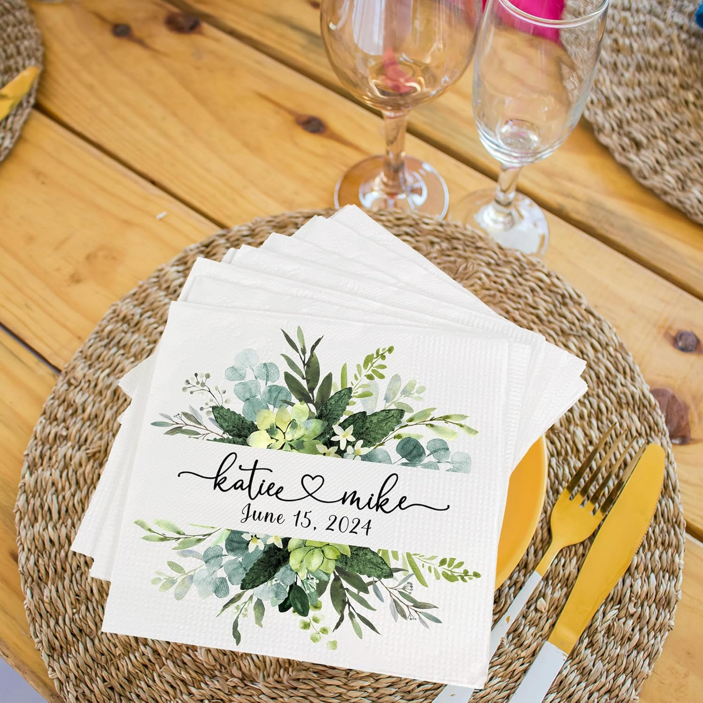 Custom Floral Wedding Napkins β Personalize with Your Names & Wedding Date β Elegant Greenery Design