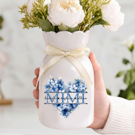 Personalized Flower Vase for Mimi, Custom Floral Heart Design with Kids' Names, Great Gift for Mimi, Mother's Day, Birthday