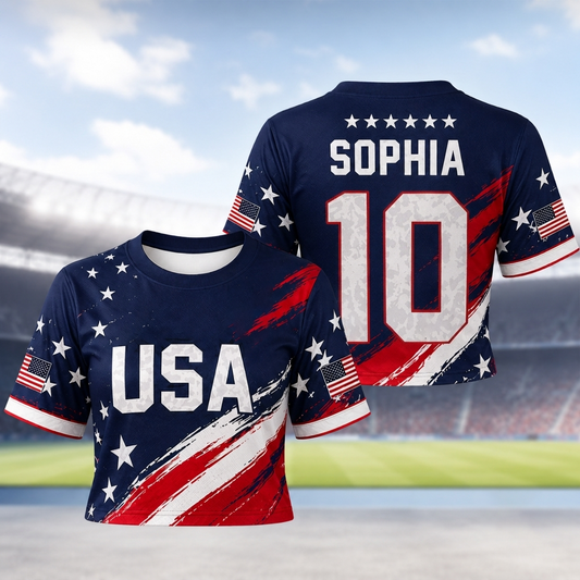 Custom Women's USA 2026 Jersey Crop Tee - Personalized Birthday Gifts For Soccer Lovers, Sports Fans, Sports Lovers - Stars And Stripes On The Pitch