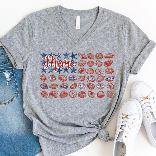 Mimi Shell Collection Shirt, Personalized Grandma T-Shirt with Grandkids Names, Coastal Summer Gift for Mimi V-Neck