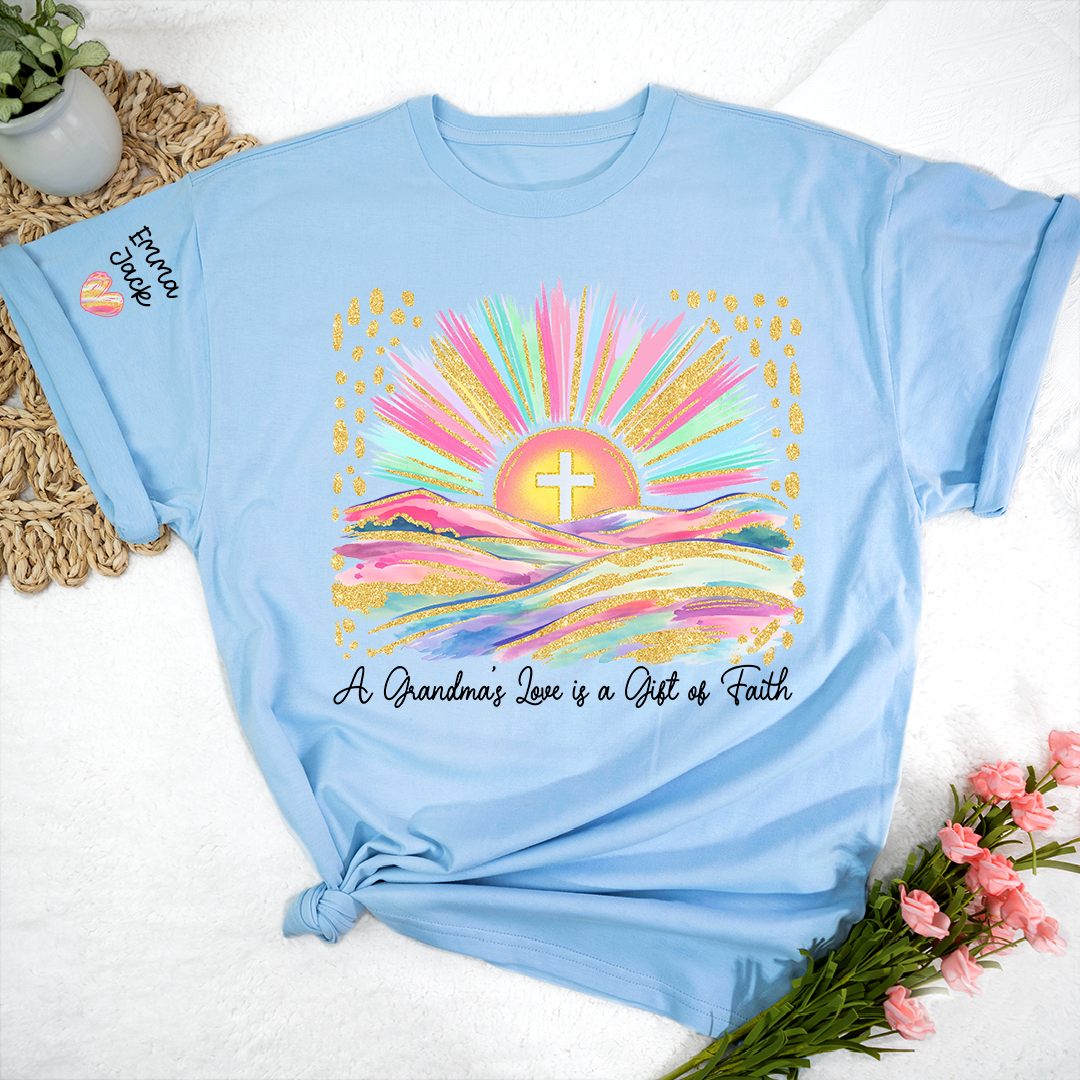 Faith Christian Grandma T-Shirt, Pastel Colorful Sunrise Cross Tee, Cute Personalized Gift for Grandma And Kids