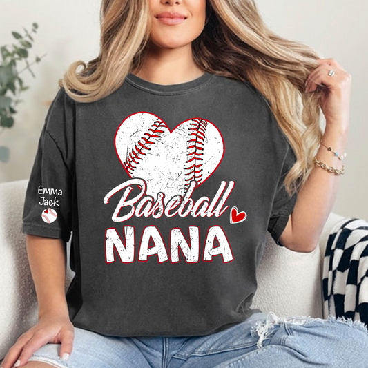 Baseball Nana T-Shirt With Custom Grandkids Names, Heart Graphic Design For Gift Gradma And Kids