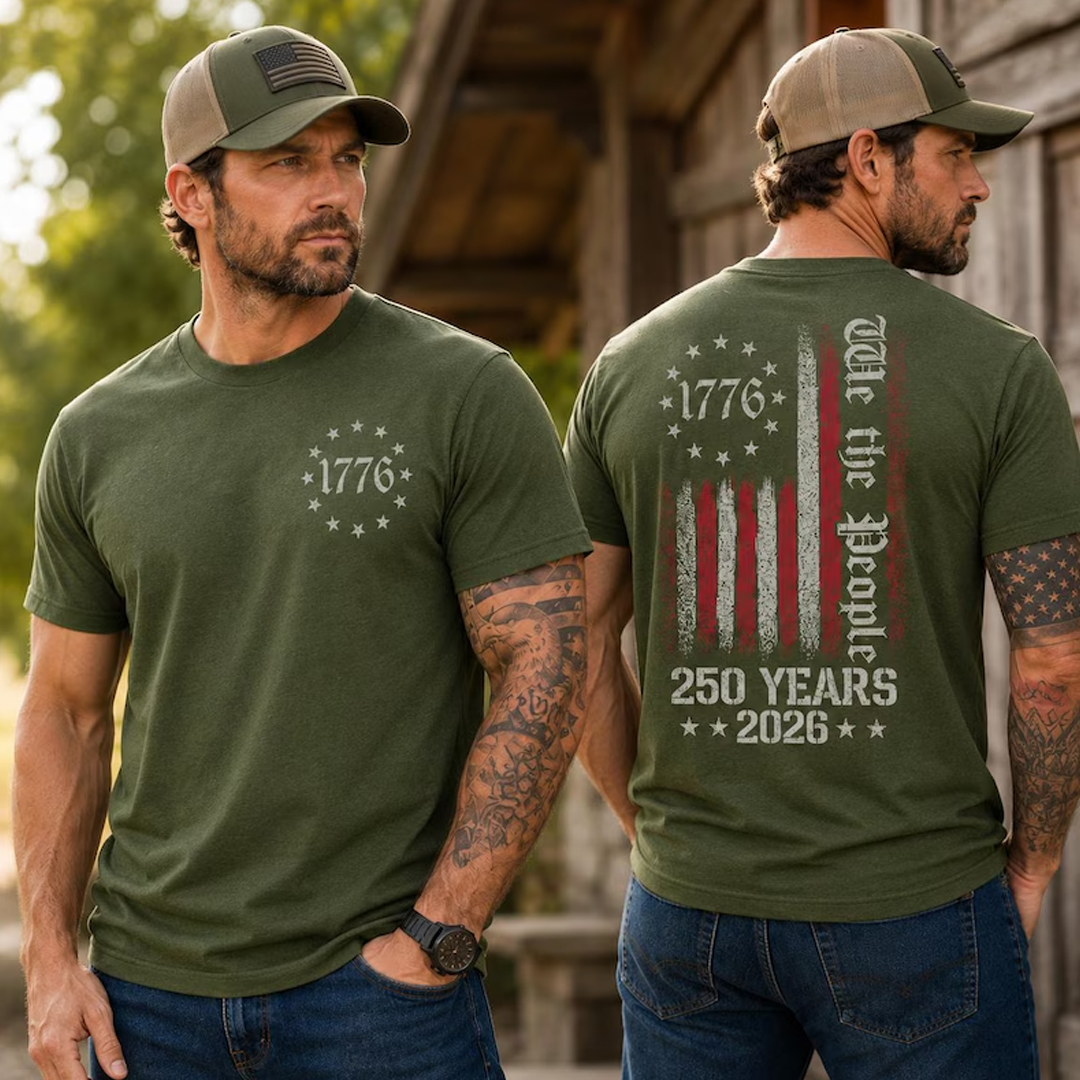 We The People 250 Years Shirt, Patriotic USA Flag Back Print Tee, 1776-2026 American Freedom T-Shirt, Vintage Independence Day Shirt for Men
