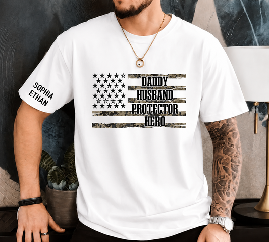 Custom Daddy Husband Protector Hero Shirt, Personalized Dad Shirt with Kids Names, Camo USA Flag Father’s Day Gift