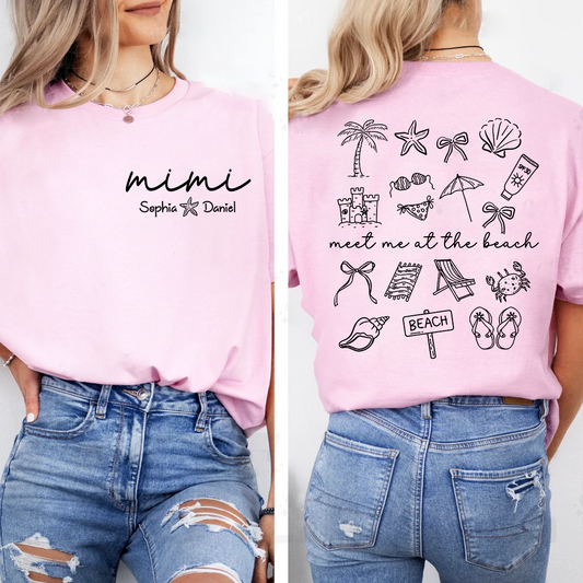 Personalized Mimi Beach Shirt with Grandkids Names, Meet Me at the Beach Back Print Tee, Custom Coastal Summer Gift for Grandma