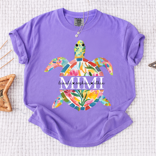 Comfort Colors Custom Turtle Family Shirt, Personalized Grandma Tee with Grandkids Names, Colorful Floral Sea Turtle T-Shirt for Women
