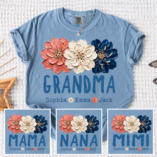 Comfort Colors® Patriotic Floral Grandma T-Shirt, Personalized Nana Mimi Mama Shirt with Kids Names, 4th of July Independence Day Gift