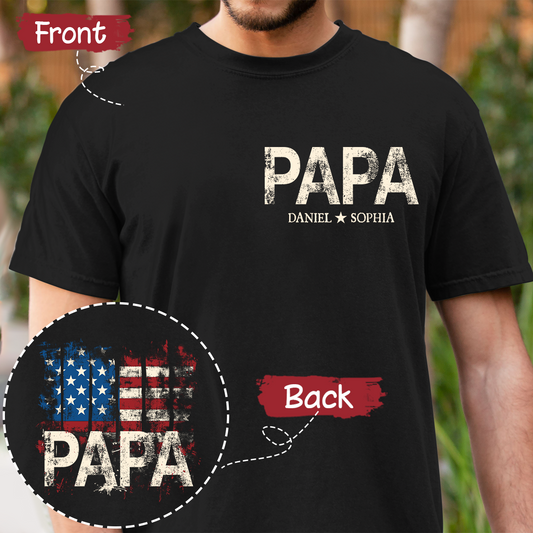 Personalized Grandpa Papa Shirt American Flag Print, Custom Family Names Gift for Father’s Day