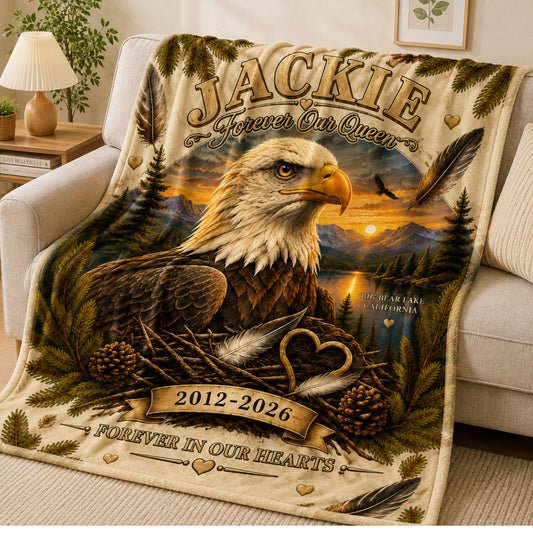 Jackie Big Bear Bald Eagle Memorial Blanket, Forever Our Queen 2012–2026, In Loving Memory Gift for Eagle Fans