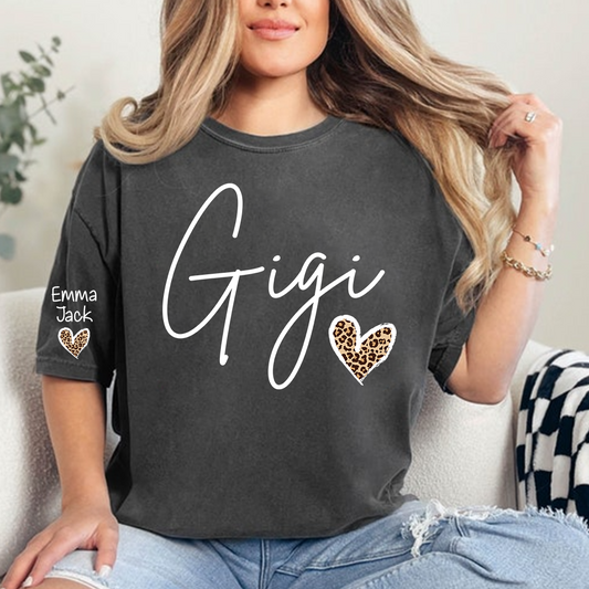 Gigi Shirt for Grandma, Personalized Custom Name Tee with Leopard Print Heart Design