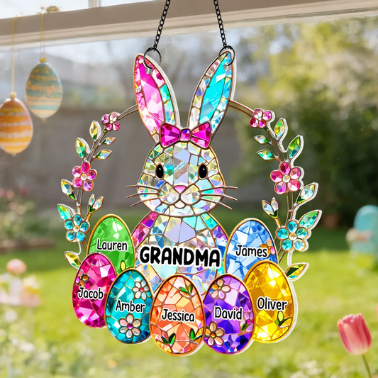 Personalized GRANDMA Easter Bunny Stained Glass Suncatcher – Custom Family Names with Colorful Eggs, Perfect Easter Gift