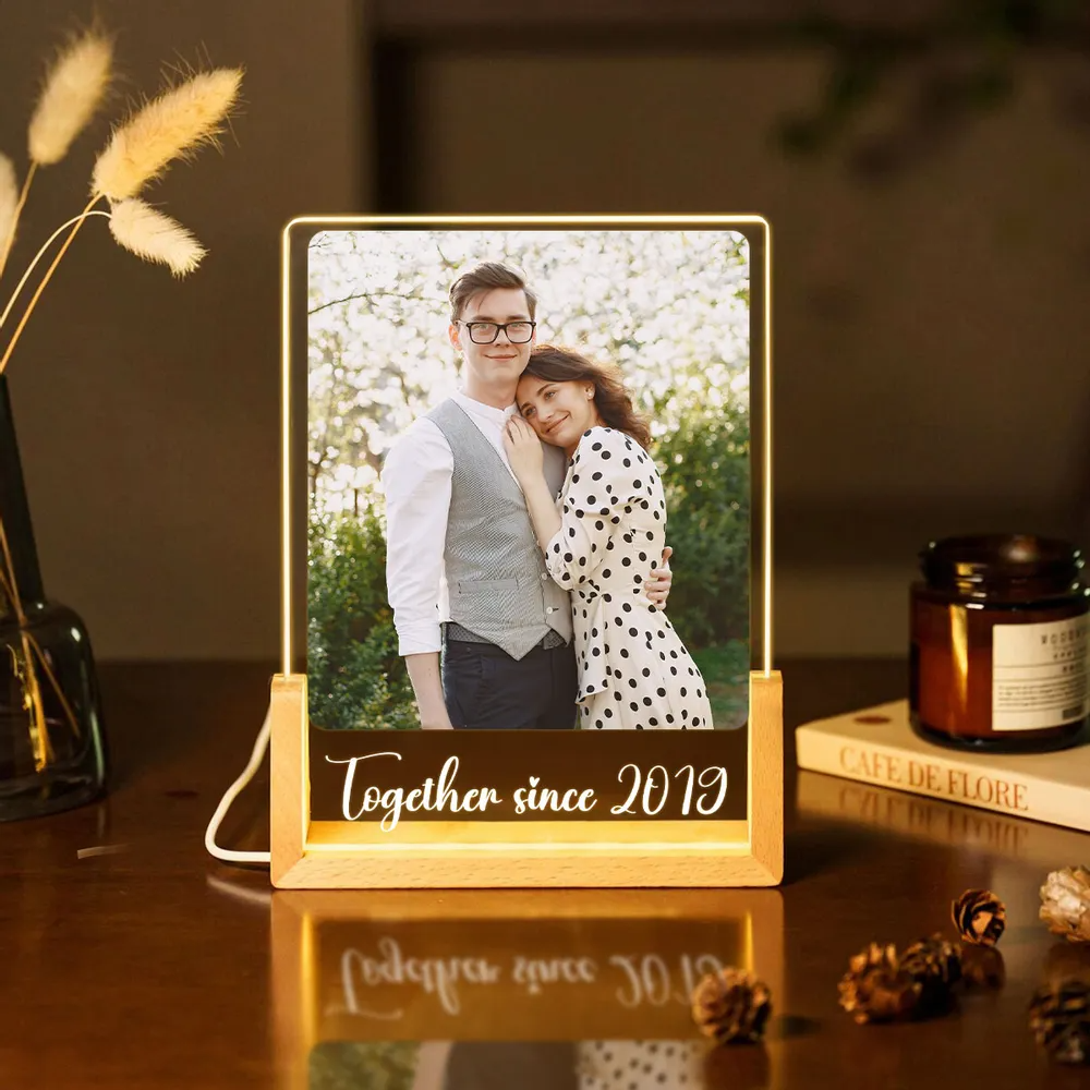 Personalized Couple Photo Acrylic Plaque with LED Wooden Base, Romantic Memory Keepsake Display