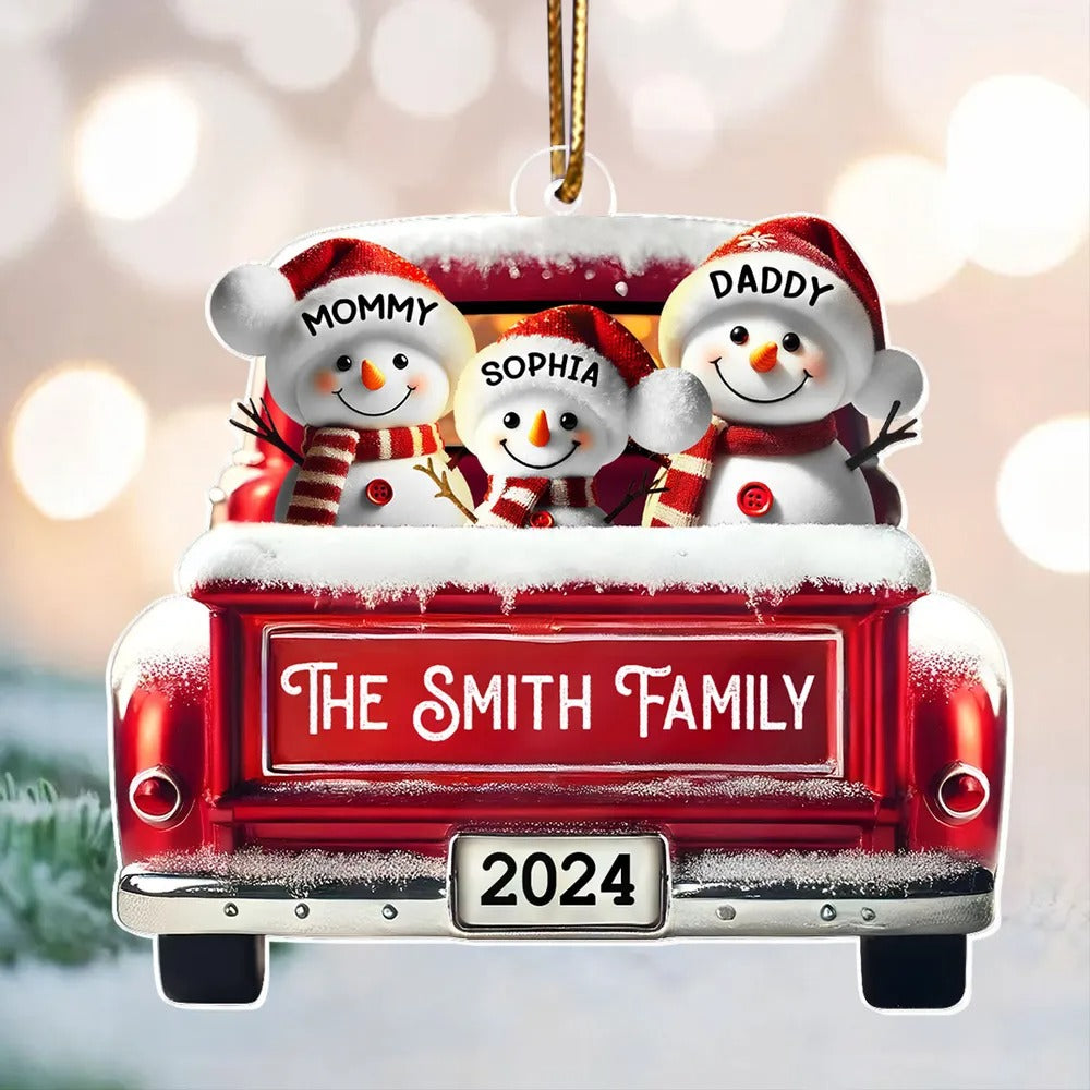 Personalized Snowman Family Acrylic Christmas Ornament, Red Truck Custom Name Ornament
