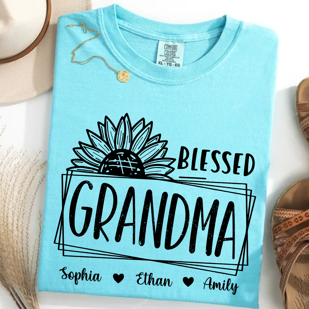 Comfort Colors Blessed Grandma Sunflower Tee with Personalized Names - Gift for Grandma, Mother's Day or Birthday Shirt