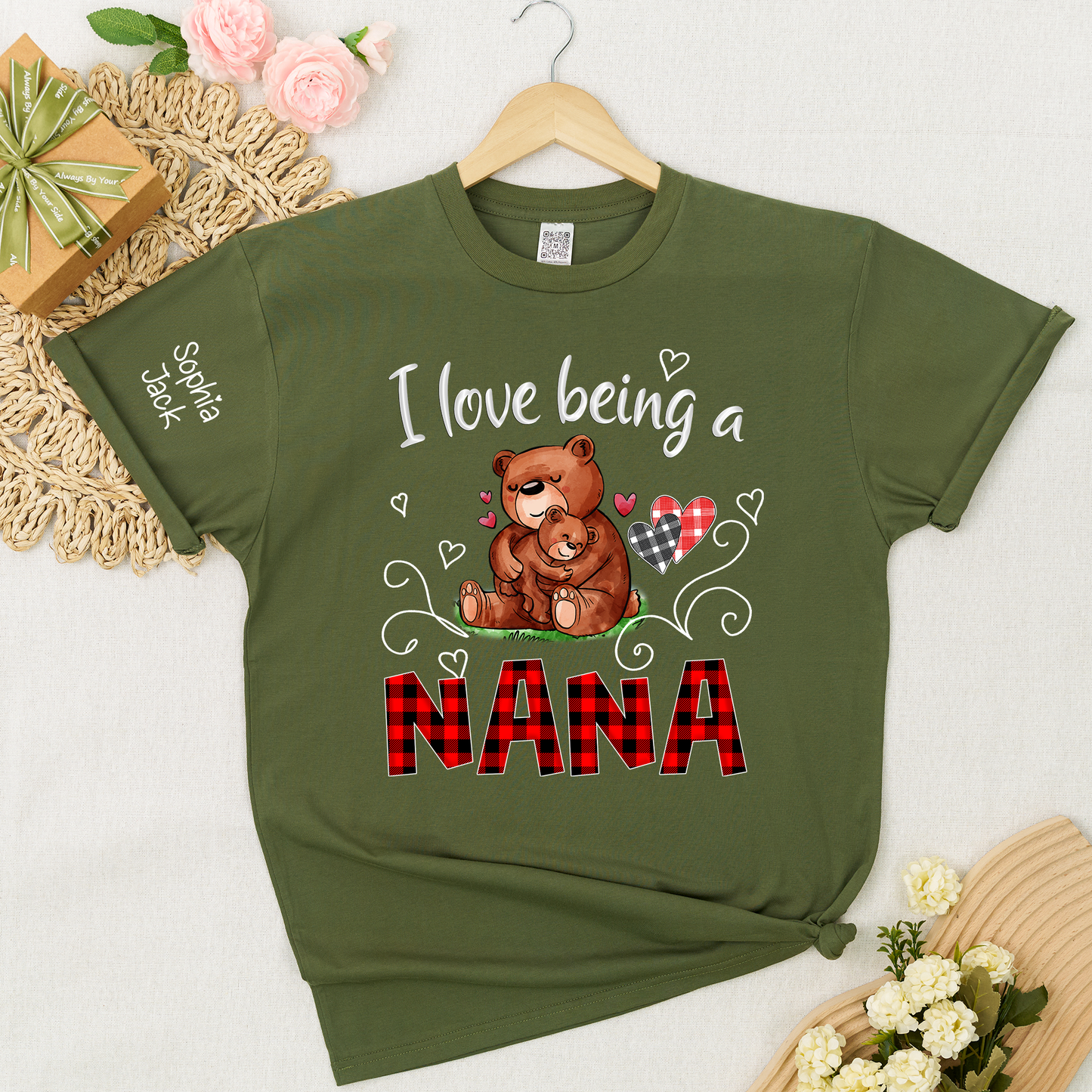 Personalized I Love Being a Nana T-shirt with Custom Names, Cute Bear Graphic, Customizable Gift for Nana