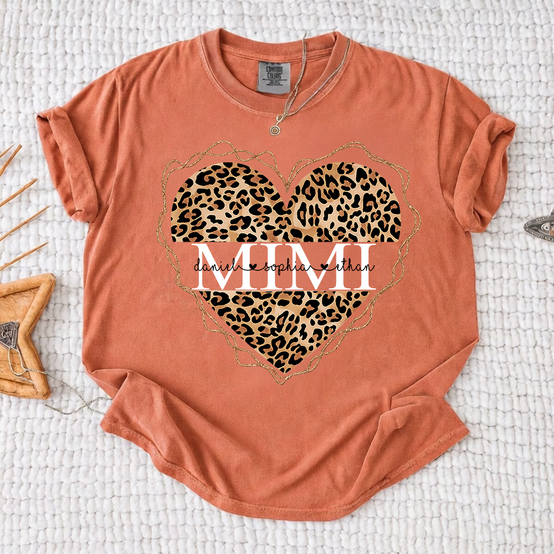 Comfort Colors Personalized Mimi Shirt Leopard Heart Design Custom Grandma Nana Gigi Name Tee with Grandkids Names Trendy Family Outfit for Women