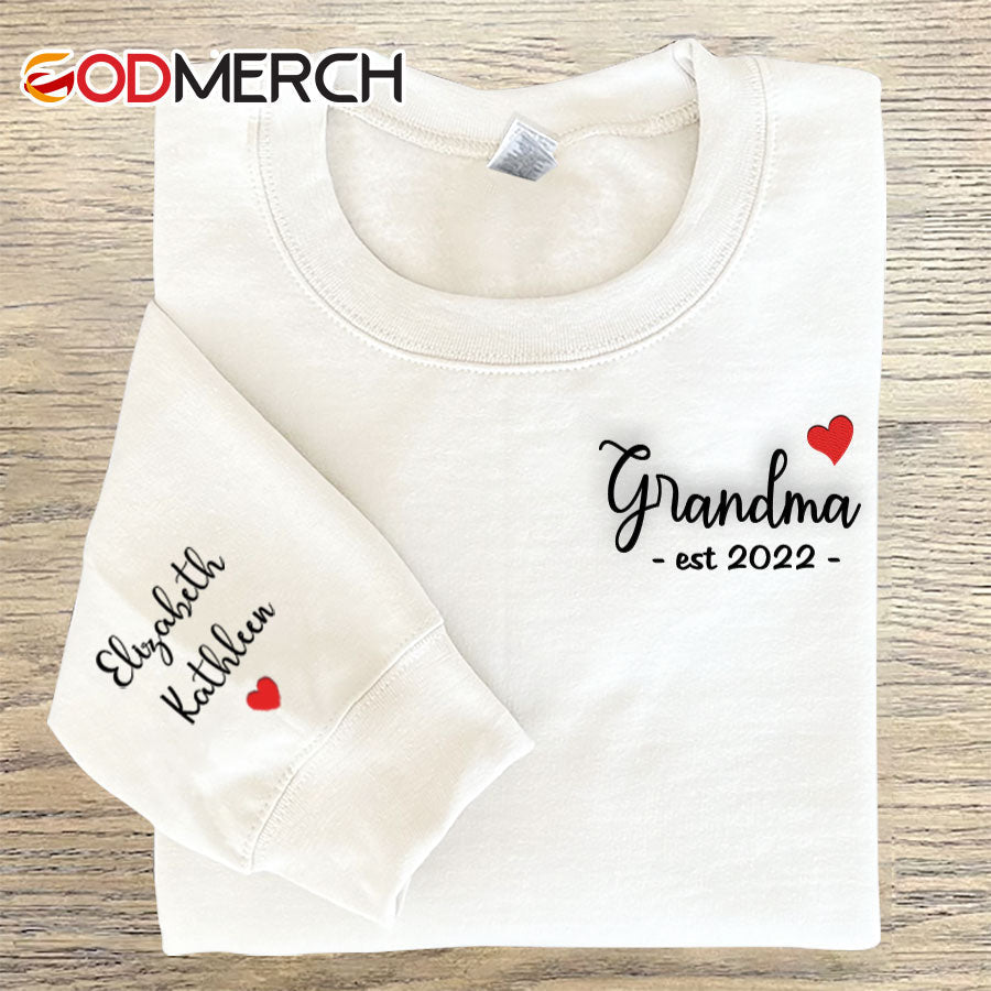 Grandma Est Grandkids Heart Embroidered Sweatshirt