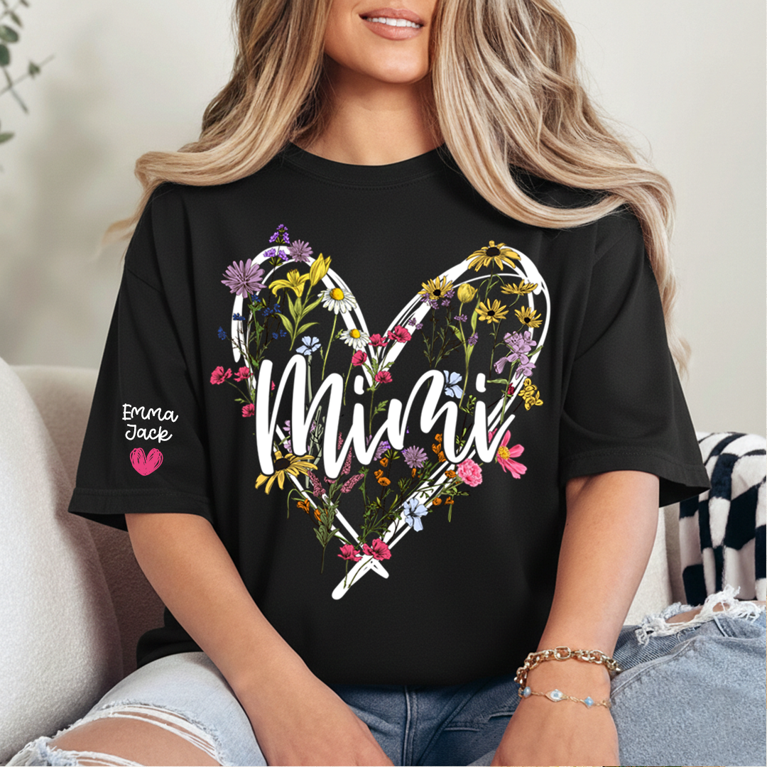Personalized Mimi Shirt with Grandkids Names, Floral Heart Design Family Tee