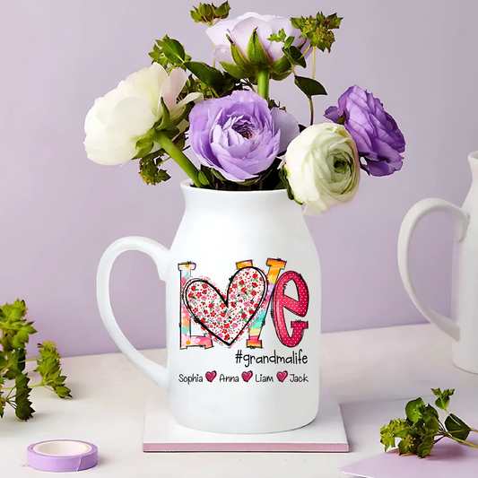 Heart Custom Name Grandma And Kids - Custom Home Decoration Flower Vase According To Family Requirements - Warm Gift For Mother's Day, Ceramic Flower Vase