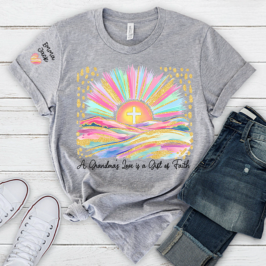 Faith Christian Grandma T-Shirt, Pastel Colorful Sunrise Cross Tee, Cute Personalized Gift for Grandma And Kids