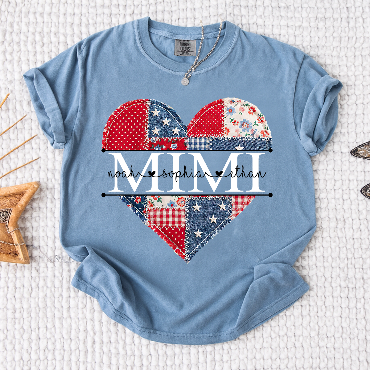 Comfort Colors Personalized Mimi Shirt with Grandkids Names, Patriotic Heart Patchwork Design