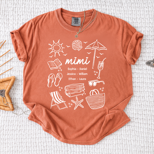 Comfort Colors Custom Mimi T Shirt with Grandchildren Names, Beach Life Graphic Tee, Personalized Summer Vacation Shirt for Women