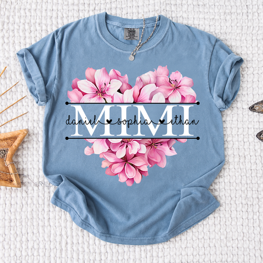 Comfort Colors Pink Floral Heart Design Family Tee, Personalized Mimi Shirt with Custom Names