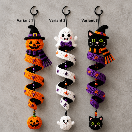 Handmade Crochet Halloween Spiral Hanging Ornament – Pumpkin, Ghost & Black Cat Halloween Decor
