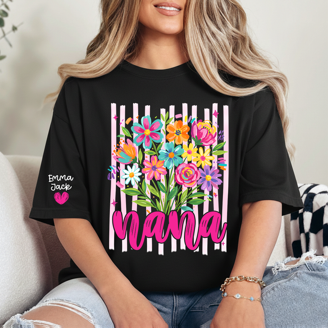 Custom Striped Wildflowers Nana T-Shirt, Trendy Ditsy Floral Gift for Grandma And Kids