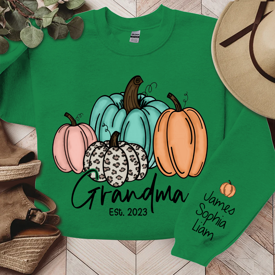Grandma Est Fall Pumpkin Sweatshirt, Custom Grandma Est And Kids Autumn, Grandma Gift TH
