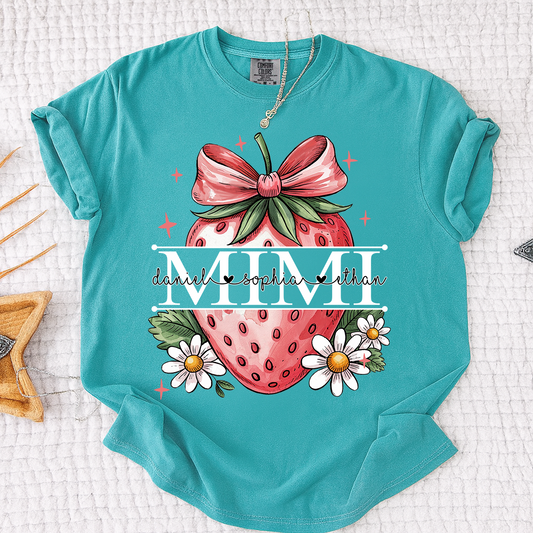 Comfort Colors® Custom Mimi T Shirt with Strawberry Bow Design, Floral Grandma Graphic Tee, Cute Summer Fruit Shirt for Mimi
