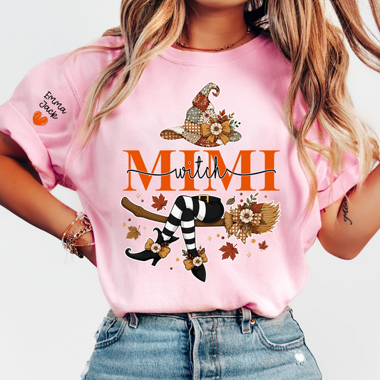 Funny Mimi Witch Shirt, Fall Halloween Grandma Graphic Tee, Personalized Family Names T Shirt, Cozy Autumn Gift for Mimi