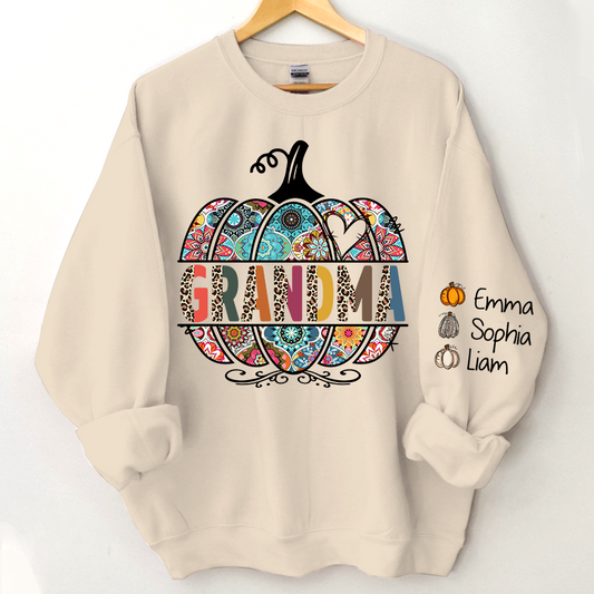 Personalized Grandma Pumpkin Art Sweatshirt, Custom Mimi, Nana, Gigi With Grandkids Sweatshirt