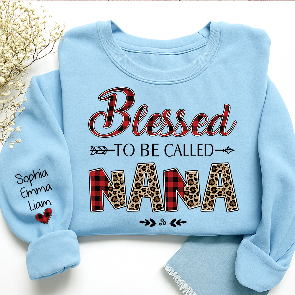 Personalized Blessed To Be Called Nana Sweatshirt With Grandkids Names, Custom Grandma Gift, Leopard Plaid Nana Crewneck