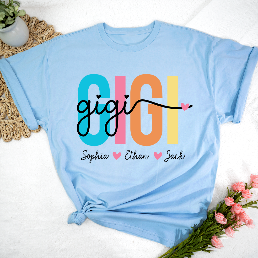 Personalized Gigi Shirt with Grandkids Names, Colorful GIGI Graphic Tee, Custom Grandma T Shirt, Family Gift for Gigi from Grandchildren