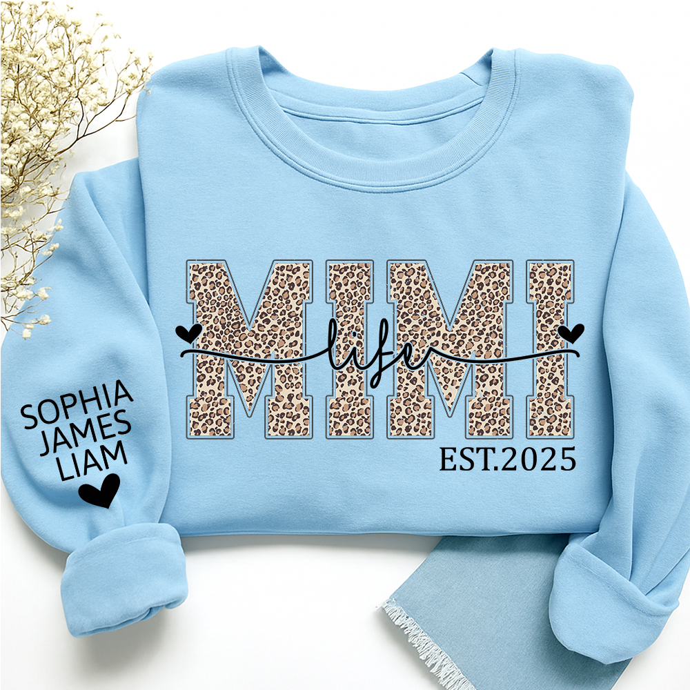 Mimi Life Leopard Sweatshirt, Personalized Grandma Est With Grandchildren Names