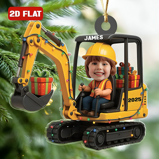 Custom Kid Face Cartoon Excavator Ornament – Personalized Acrylic Decoration, Unique Christmas Gift for Kids and Families Ornament