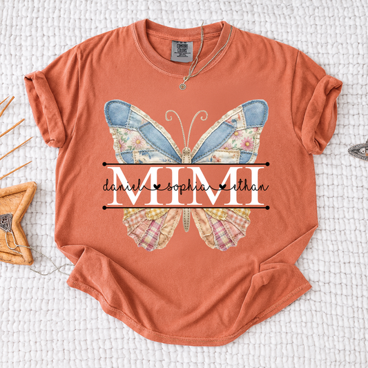 Comfort Mimi Patchwork Butterfly Shirt, Custom Grandkids Names with Floral Family Design Tee