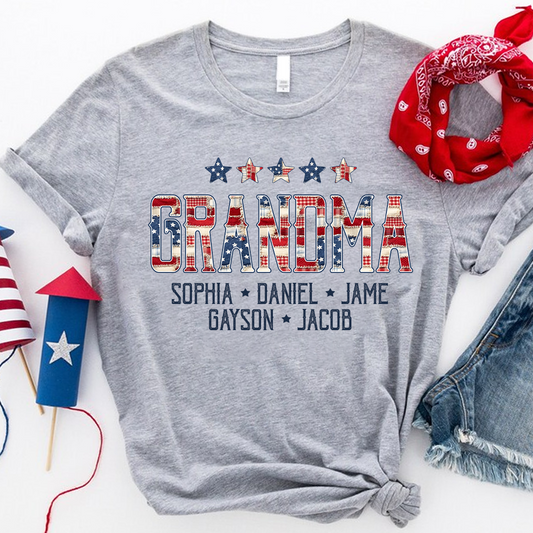 Grandma America Flag and Grandkids Personalized Independen Day Gift T-Shirt