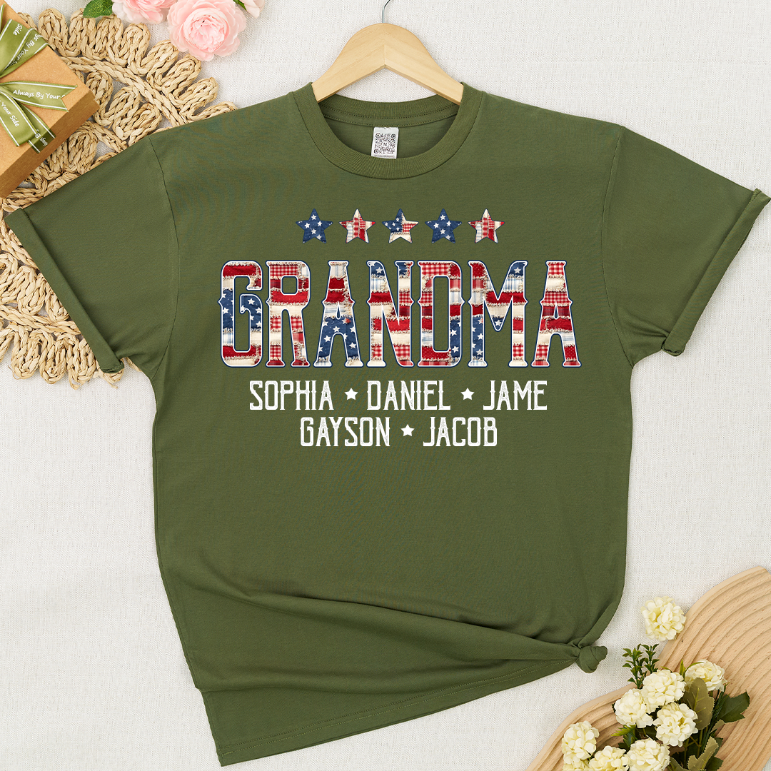 Grandma America Flag and Grandkids Personalized Independen Day Gift T-Shirt