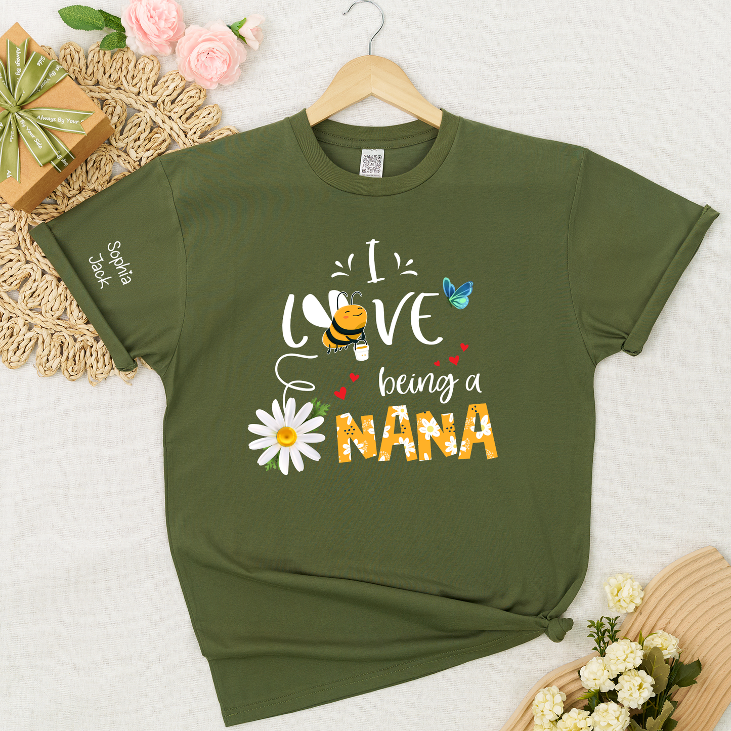 I Love Being a Nana Shirt with Daisy Bee Butterfly, Custom Kids Names T Shirt for Grandma, Cute Floral Nana Gift Top