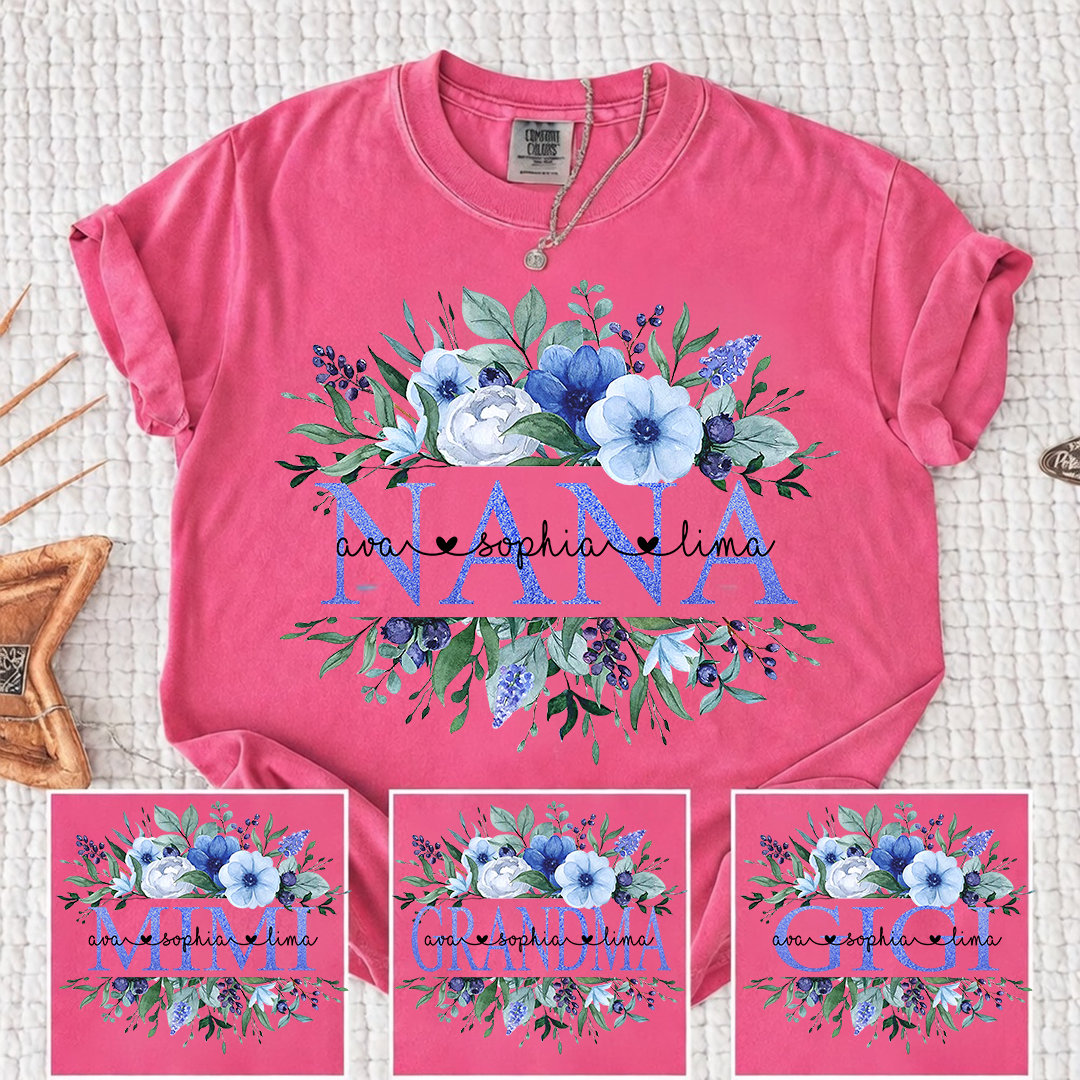 Comfort Colors Personalized Nana T-shirt with Custom Names, Floral Design, Customizable Gift for Nana