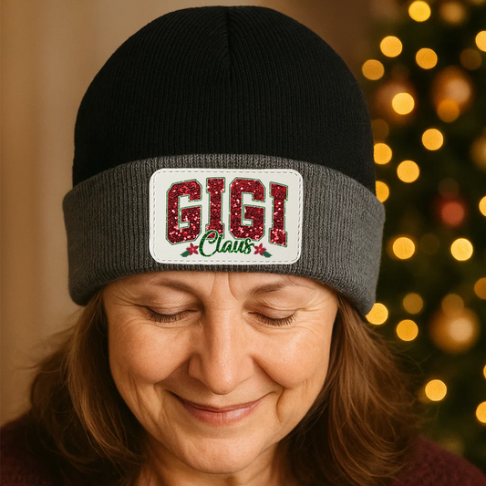 Personalized Gigi Claus Christmas Beanie, Custom Name Patch Knit Hat for Grandma, Holiday Gift for Gigi, Embroidered Winter Hat