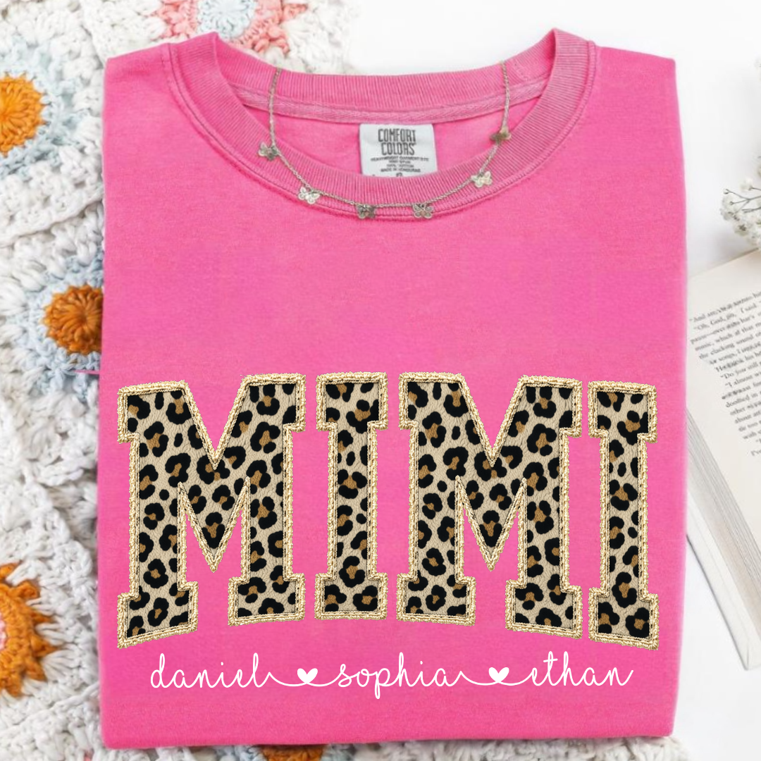 Personalized Mimi Shirt Leopard Print Patchwork Design Custom Grandma Nana Gigi Name Tee with Grandkids Names Trendy Animal Pattern Family Gift for Women