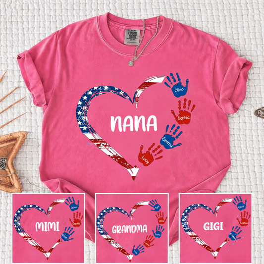 Comfort Color Personalized Nana Shirt Patriotic Heart Handprint Design Custom Grandma Mimi Gigi Name Tee with Grandkids Names Family 4th of July Outfit